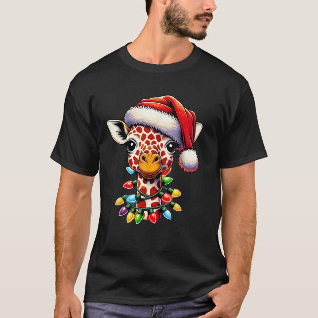 Funny Retro Giraffe Lover Santa Christmas Tree Lig T-Shirt (Front)