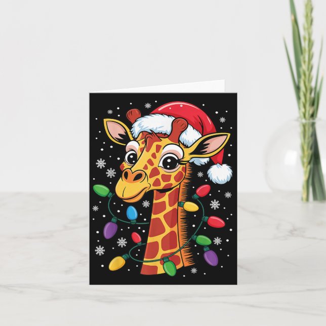 Funny Retro Giraffe Lover Santa Hat Christmas Ligh Card (Front)