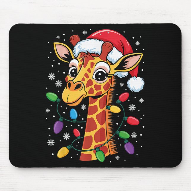 Funny Retro Giraffe Lover Santa Hat Christmas Ligh Mouse Mat (Front)