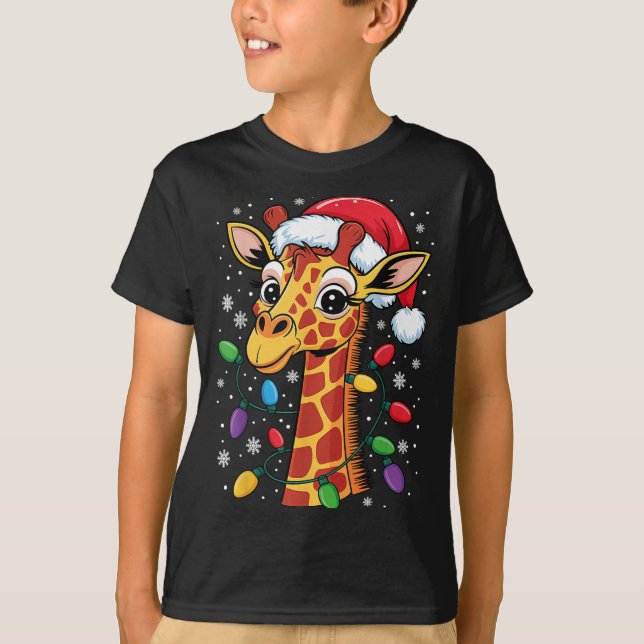 Funny Retro Giraffe Lover Santa Hat Christmas Ligh T-Shirt (Front)