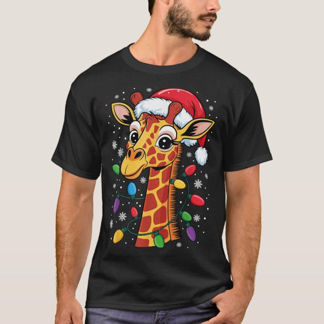 Funny Retro Giraffe Lover Santa Hat Christmas Ligh T-Shirt (Front)