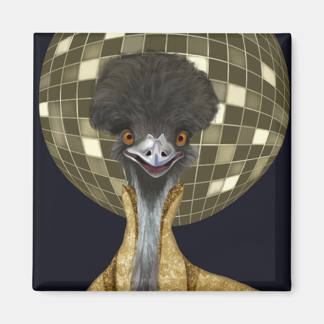Funny Retro Golden Disco Ball Emu Bird Magnet (Front)