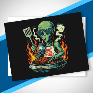 Funny Retro Green Alien UFO BBQ Grill Sunglasses Holiday Postcard