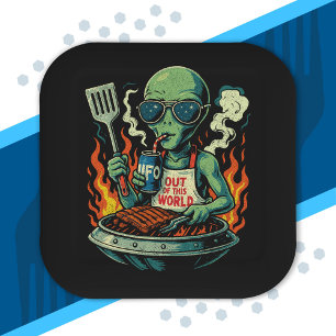Funny Retro Green Alien UFO BBQ Grill Sunglasses Paper Plate