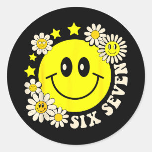 Funny retro groovy six seven smile face daisy classic round sticker