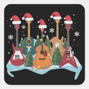 Funny Retro Guitar Christmas Tree Holiday Xmas Square Sticker