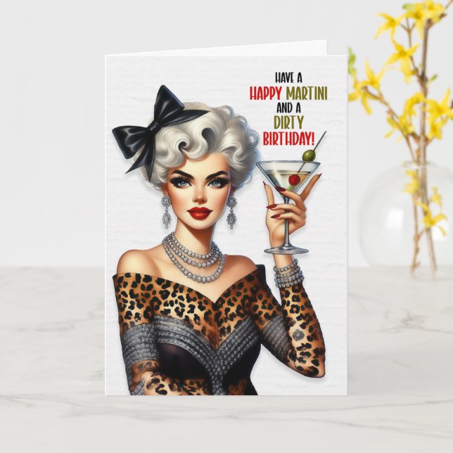 Funny Retro Happy Martini Dirty Birthday Card (Yellow Flower)