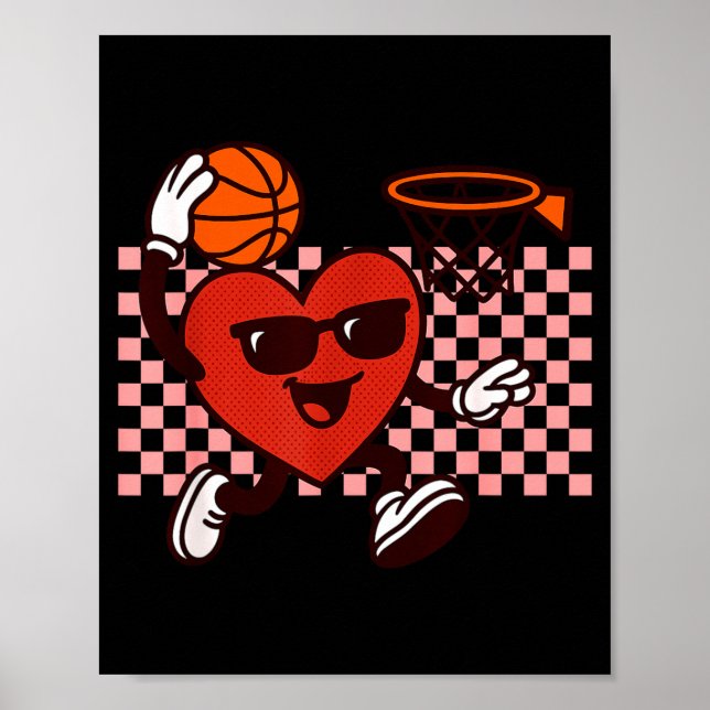 Funny Retro Heart Graphic Basketball Player Kids V Poster (Front)