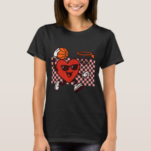 Funny Retro Heart Graphic Basketball Player Kids V T-Shirt