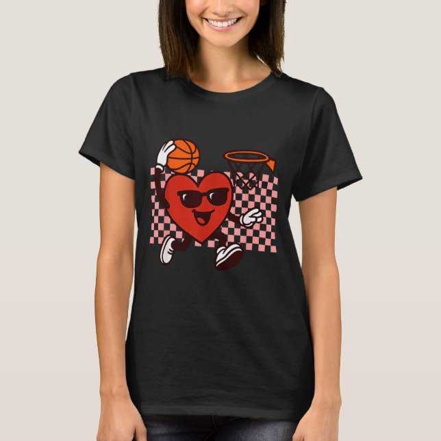 Funny Retro Heart Graphic Basketball Player Kids V T-Shirt (Front)