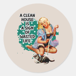 Funny Retro Housewife Pi-up Girl Art Classic Round Sticker