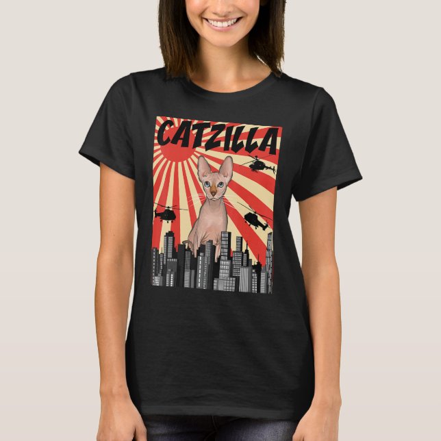 Funny Retro Japanese Catzilla Sphynx Cat T-Shirt (Front)