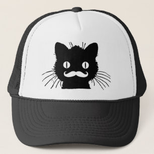 FUNNY RETRO MUSTACHE ON BLACK KITTY TRUCKER HAT