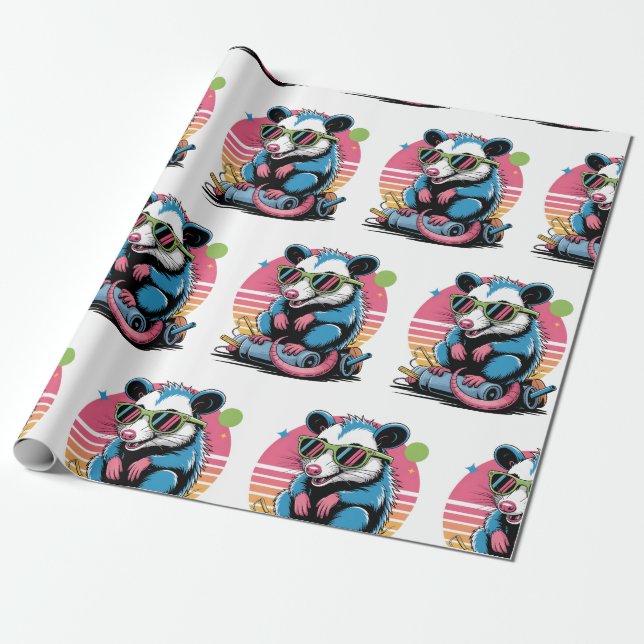 Funny Retro Opossum Holiday Pattern Wrapping Paper (Unrolled)