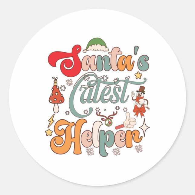 Funny Retro Santas Cutest Helper  Classic Round Sticker (Front)