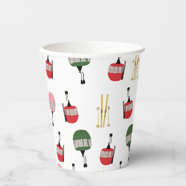 Funny Retro Ski Lift Gondola Winter Skiing Skiers Paper Cups (Front)