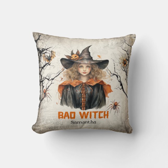 Funny retro spooky Halloween cute girl bad witch Cushion (Front)