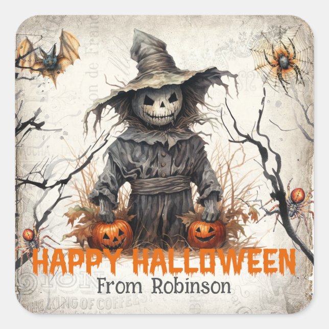 Funny retro spooky Halloween graveyard scarecrow Square Sticker (Front)