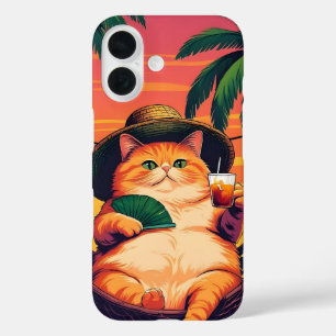 Funny Retro Summer Cat Vacation iPhone 16 Case