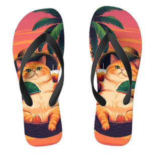 Funny Retro Summer Cat Vacation Flip Flops