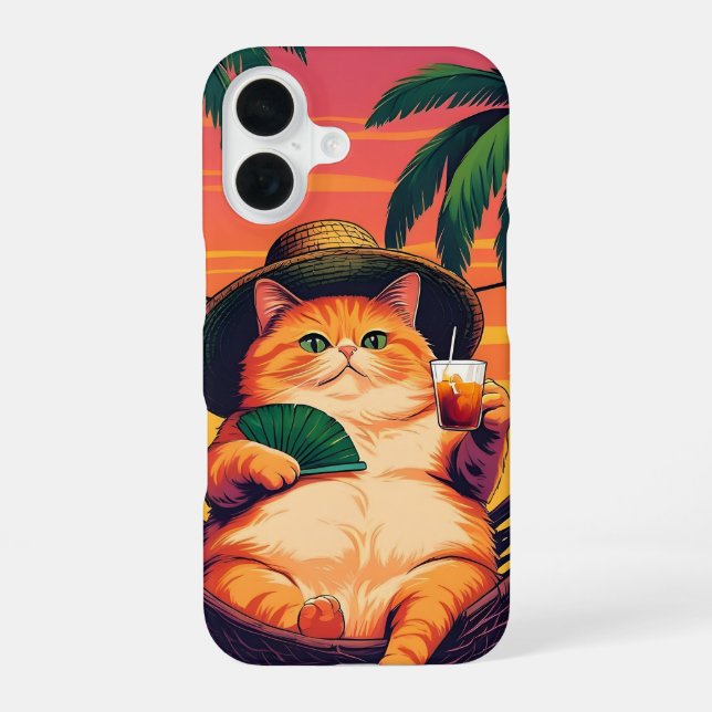 Funny Retro Summer Cat Vacation iPhone 16 Case (Back)