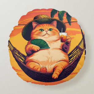 Funny Retro Summer Cat Vacation Round Cushion