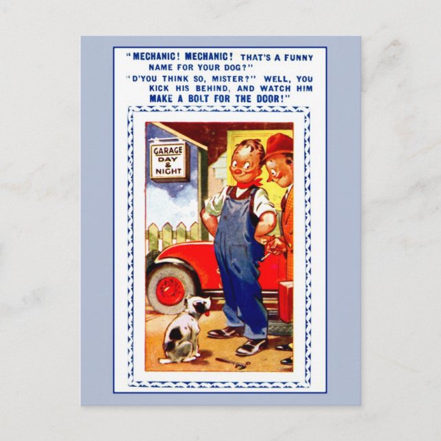 Funny retro vintage mechanic, garage, dog postcard (Front)
