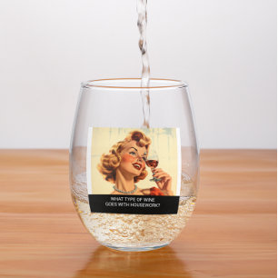 Funny Retro What Type of Wine Housework Stemless Wine Glass