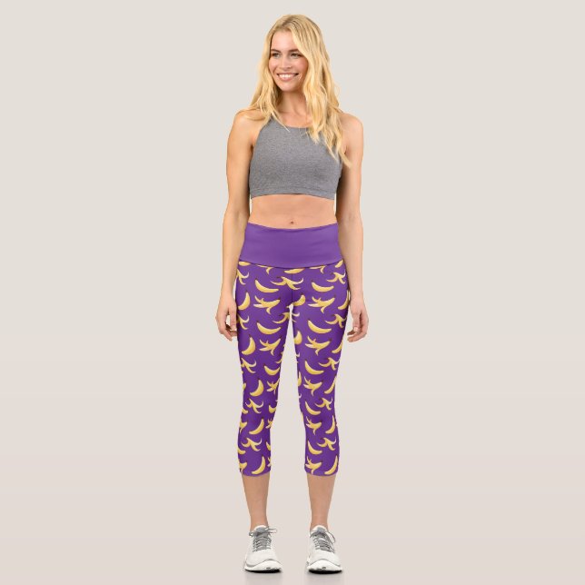 Funny Retro Yellow Banana Pattern Party Editable Capri Leggings (Front)