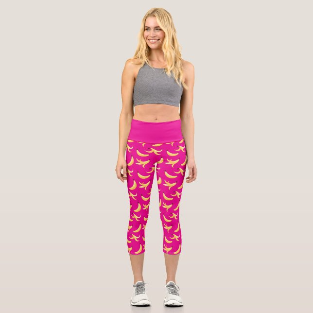 Funny Retro Yellow Banana Pattern Party Editable Capri Leggings (Front)