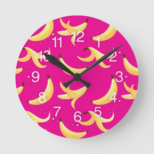 Funny Retro Yellow Banana Pattern Party Editable Round Clock (Front)