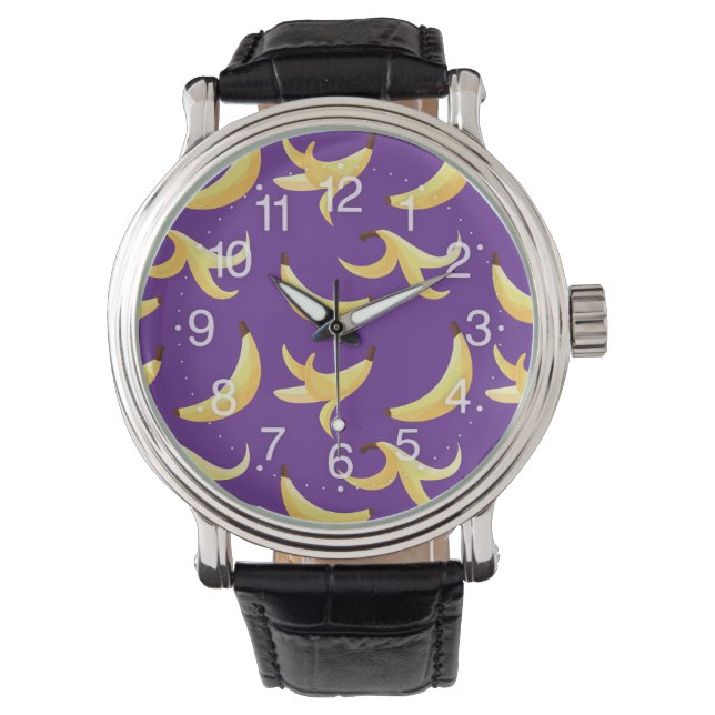 Funny Retro Yellow Banana Pattern Party Editable Watch (Front)