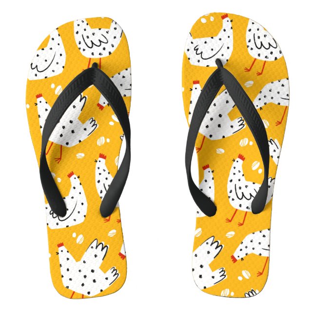 Funny Retro Yellow Black Chicken  Flip Flops (Footbed)