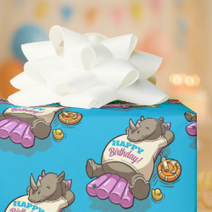 Funny Rhino Happy Birthday! Pool Party Cartoon Wrapping Paper