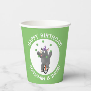 Funny rhino on unicycle personalised birthday paper cups
