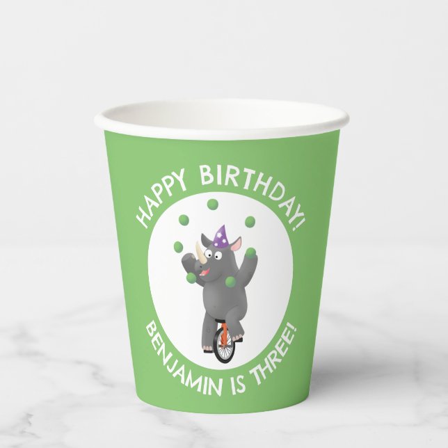 Funny rhino on unicycle personalised birthday paper cups (Front)
