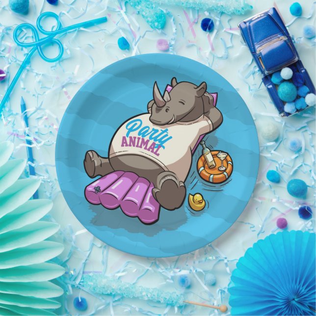 Funny Rhino Party Animal Pool Inflatable Cartoon Paper Plate (Party)