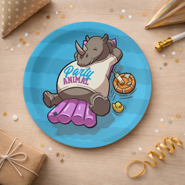 Funny Rhino Party Animal Pool Inflatable Cartoon Paper Plate (Creator Uploaded)