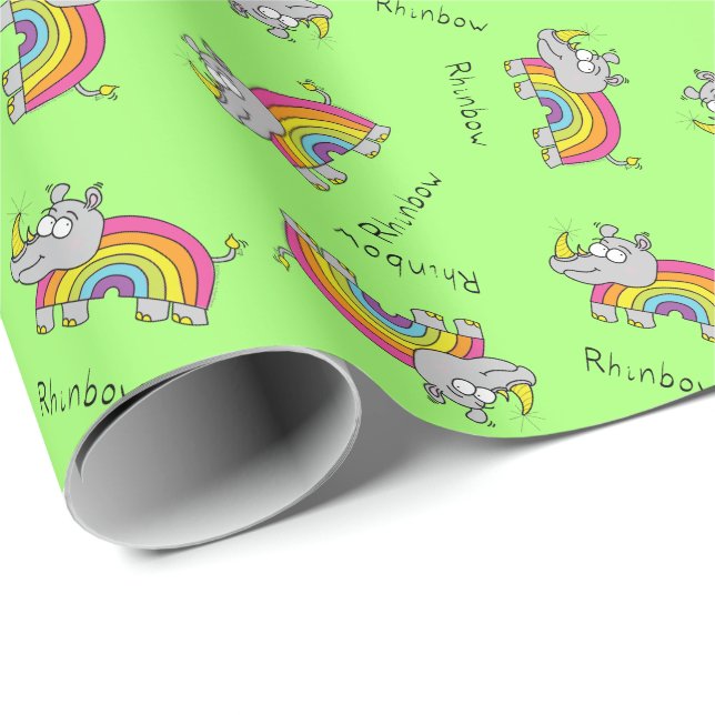 Funny Rhino Rainbow Cute Rhinoceros Kids Cartoon Wrapping Paper (Roll Corner)
