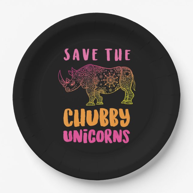 Funny Rhino Save  Chubby Unicorns Animal Rights Paper Plate (Front)