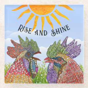 Funny Rise and Shine Chickens Glass Coaster