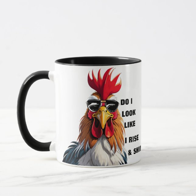Funny Rise & Shine Grumpy Morning Rooster Humour Mug (Left)