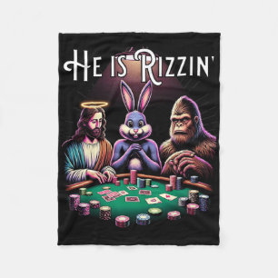 Funny Rizz He Is Rizzin Jesus Easter Bunny Bigfoot Fleece Blanket
