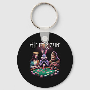 Funny Rizz He Is Rizzin Jesus Easter Bunny Bigfoot Key Ring