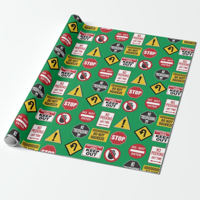 Funny Road Sign Stop Do Not Enter Warnings Wrapping Paper (Unrolled)