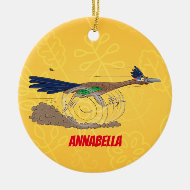 Funny roadrunner bird cartoon illustration ceramic tree decoration (Front)