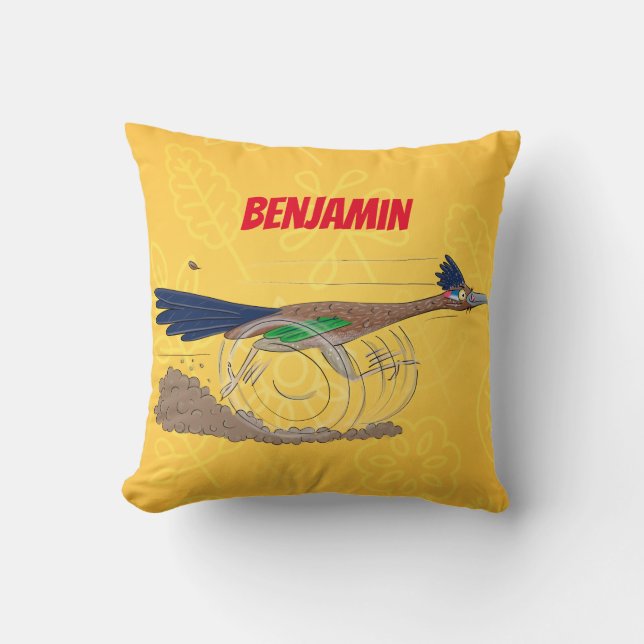 Funny roadrunner bird cartoon illustration cushion (Front)