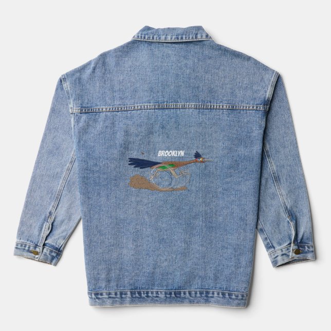 Funny roadrunner bird cartoon illustration denim jacket (Back)