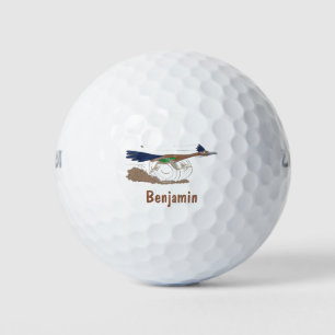 Funny roadrunner bird cartoon illustration golf balls