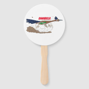 Funny roadrunner bird cartoon illustration hand fan